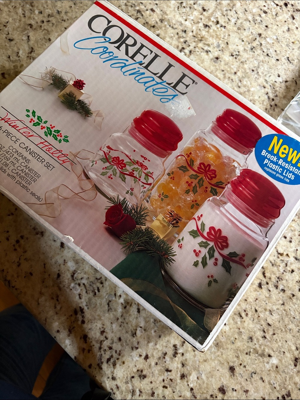 Corelle Holiday Canister Set with Red Lids and Winter Holly 3 lidded jars